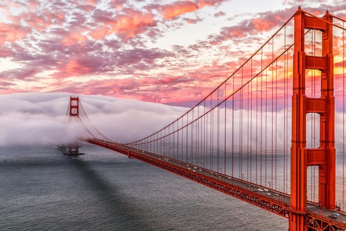 Golden Gate Bridge at Sunset with Fog and Clouds