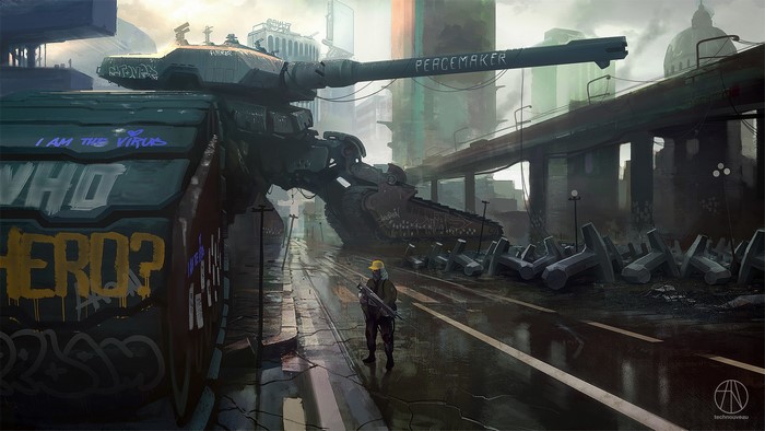 Futuristic tank in a post-apocalyptic city with graffiti