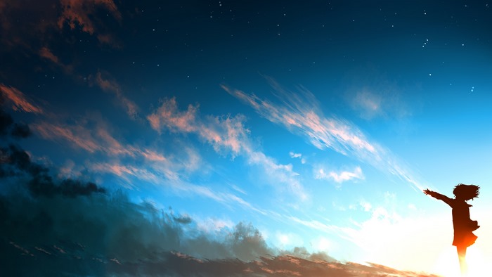 Anime girl reaching for the sky at sunset