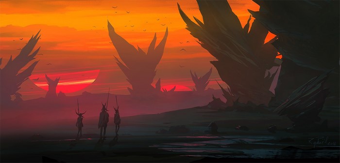 Fantasy art of alien figures at sunset