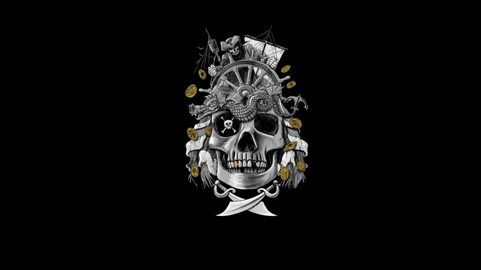 Pirate skull with ship's wheel and dragon