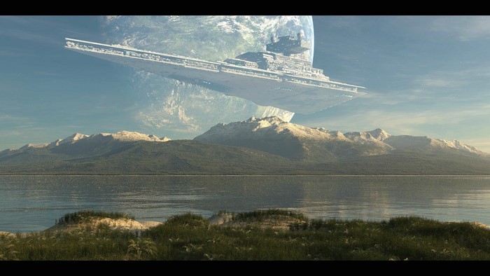 Star Destroyer over planet and mountains