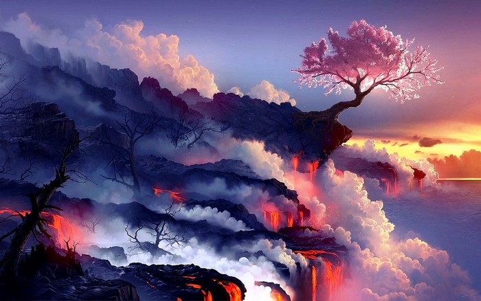 Fantasy landscape with cherry blossom tree and lava