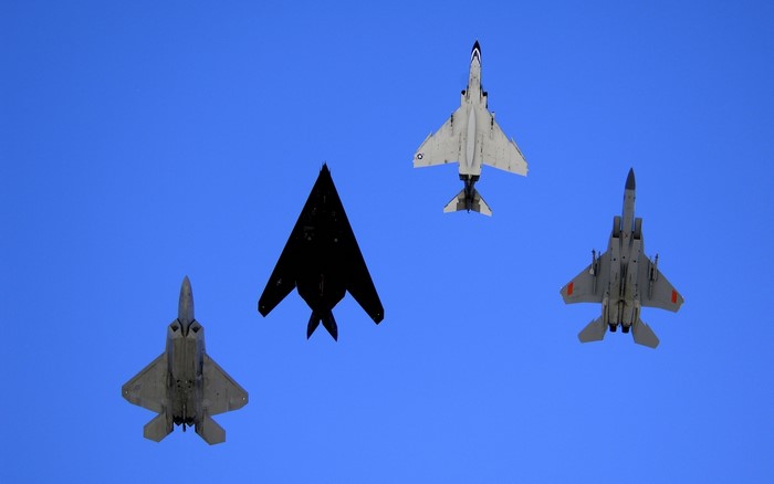F-22 Raptor, F-117 Nighthawk, F-15 Eagle, and F-4 Phantom II