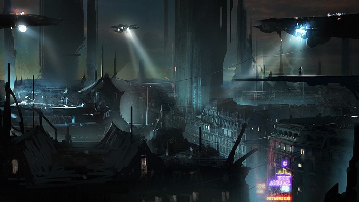 Futuristic cyberpunk city at night with flying vehicles