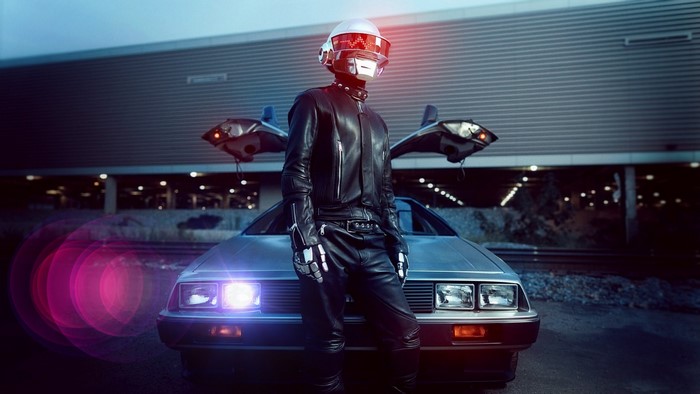 Daft Punk member with DeLorean car