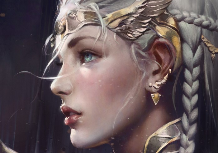 Fantasy art of a princess with white hair and golden crown