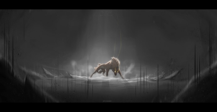 Fantasy wolf in a dark, snowy forest