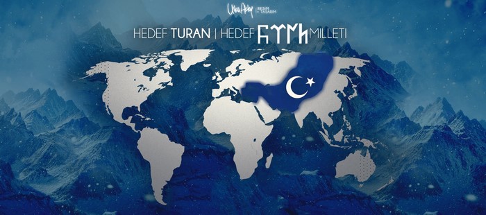 World map with Turkish flag and text 'HEDEF TURAN'