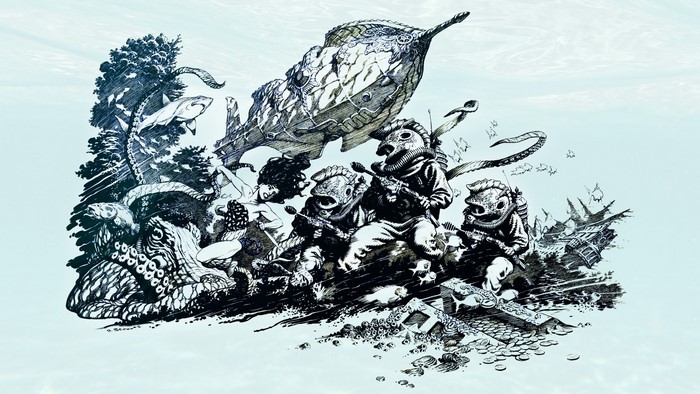 Underwater scene with divers, submarine, and sea creatures