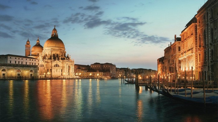 Venice Italy Canal at Dusk with Gondolas