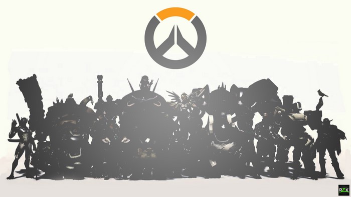 Overwatch characters lineup with game logo