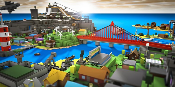 Blocky city with bridge and lighthouse