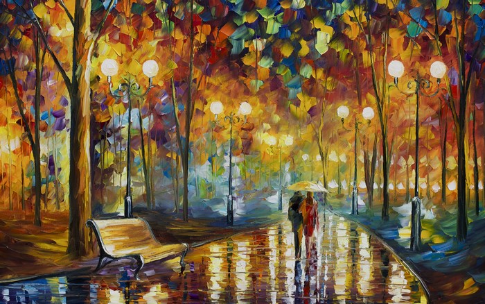 Leonid Afremov Couple Under Umbrella in Rainy Park