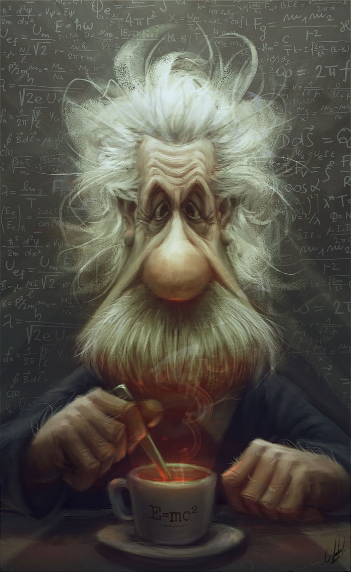 Albert Einstein caricature stirring coffee