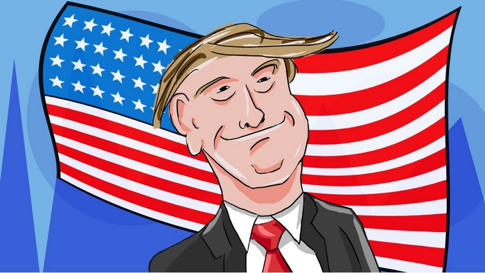 Donald Trump caricature in front of American flag