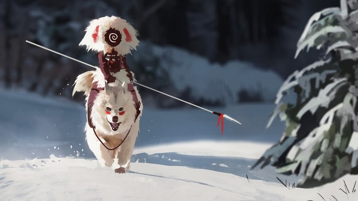 Girl riding a wolf with a spear in the snow