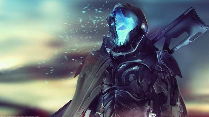 Futuristic soldier with broken helmet and rifle
