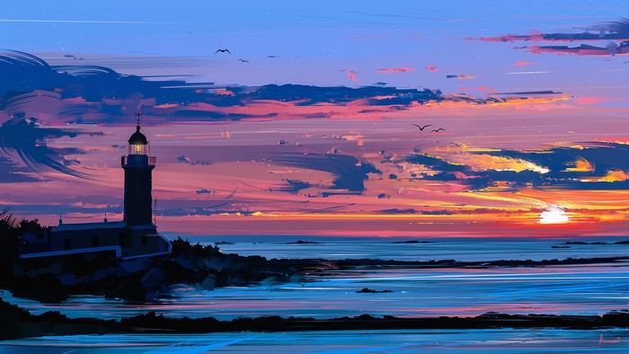 Artwork by Aenami featuring a colorful lighthouse at sunset