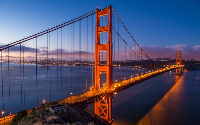 Golden Gate Bridge at dusk with San Francisco skyline