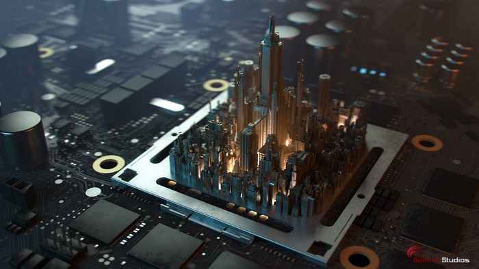 Cityscape on a Computer Circuit Board
