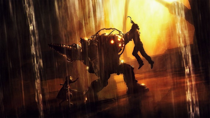 Big Daddy from BioShock holding a person