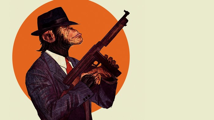 Chimpanzee in a suit holding a Thompson submachine gun