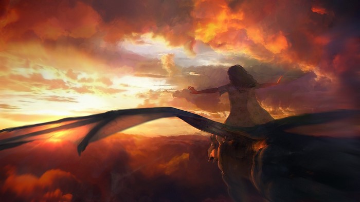 Fantasy art of a girl riding a dragon at sunset