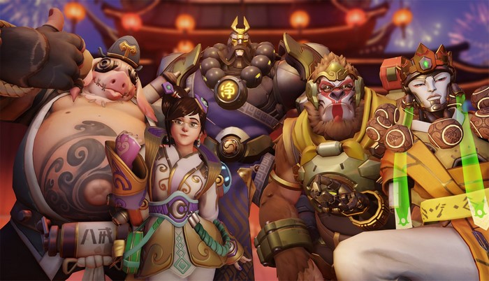 Overwatch characters Roadhog, D.Va, Zenyatta, Winston, and Wukong