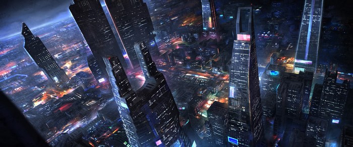 Futuristic city skyline at night with glowing lights