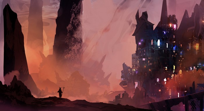 Fantasy cityscape with a lone figure in the foreground