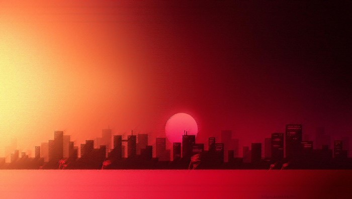 Pixelated Cityscape at Sunset Artwork