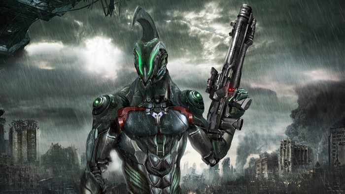 Cyborg warrior with gun in apocalyptic city