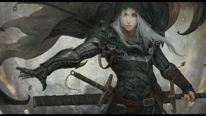 Fantasy warrior with white hair and sword
