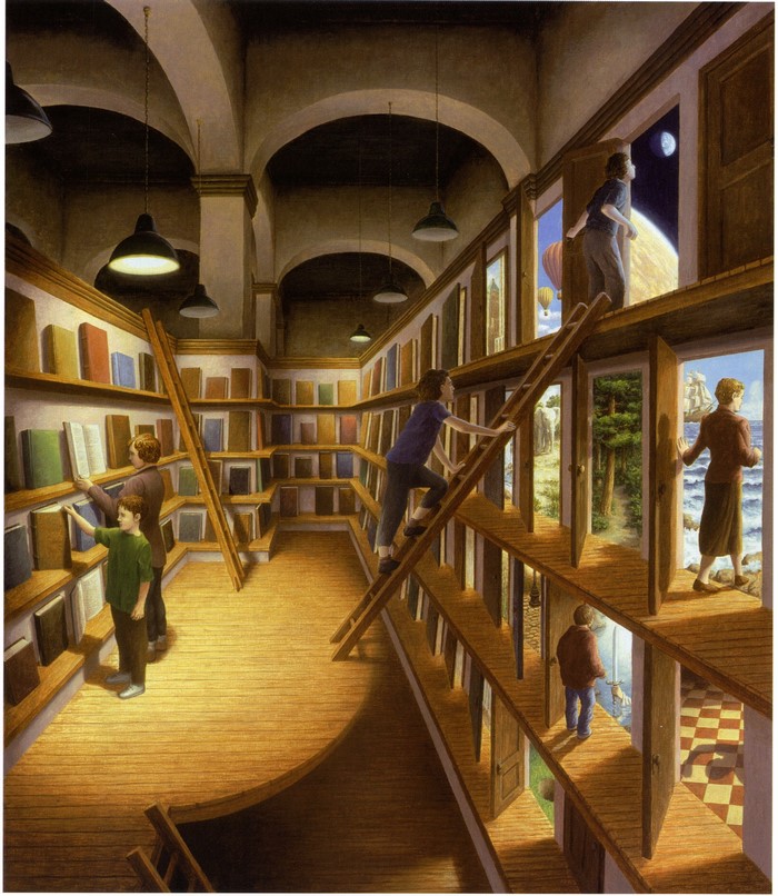 Fantasy library with doors to other worlds