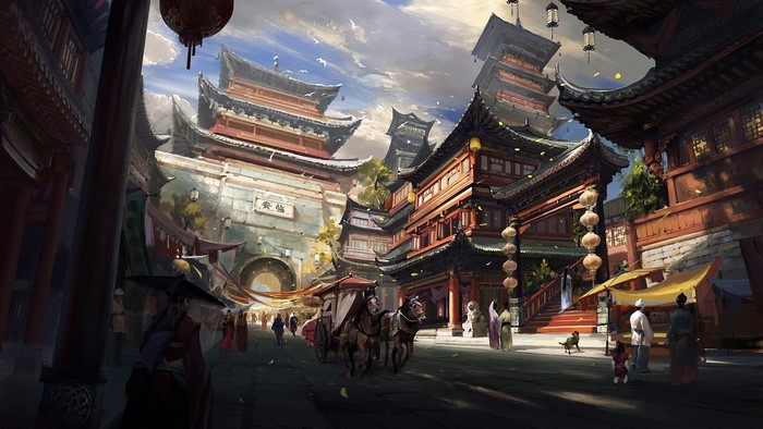 Fantasy Asian Architecture Town with Horse-Drawn Carriage