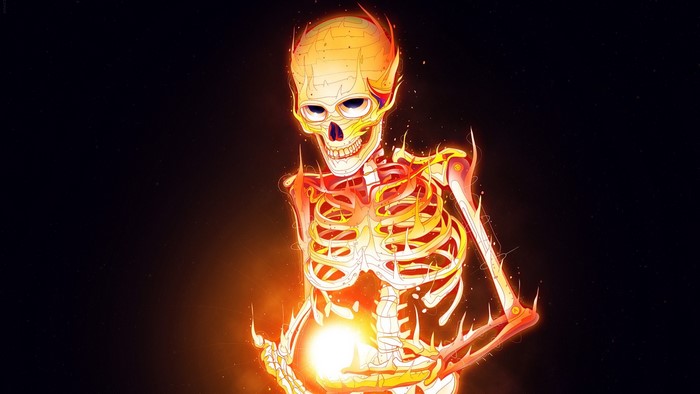 Burning skeleton holding a glowing orb