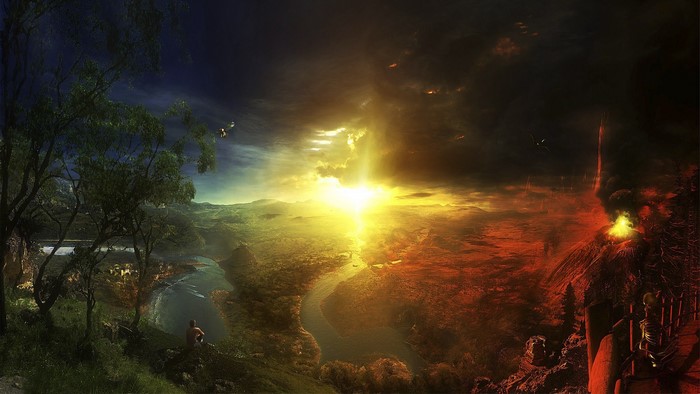 Fantasy landscape split between heaven and hell