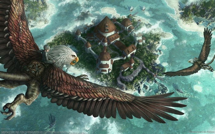 Fantasy art of griffins flying over an island fortress