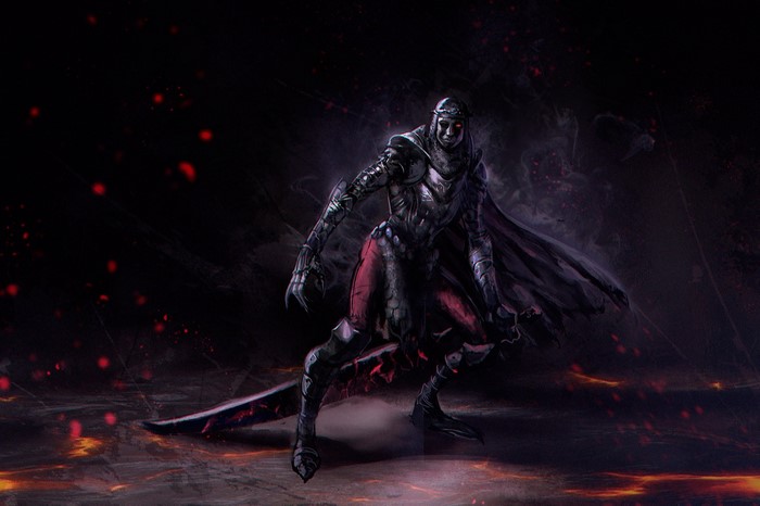 Dark fantasy warrior with sword and lava background