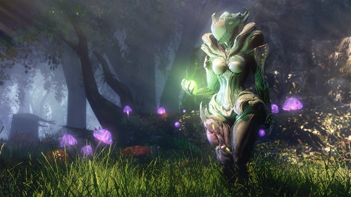 Saryn from Warframe in a fantasy forest
