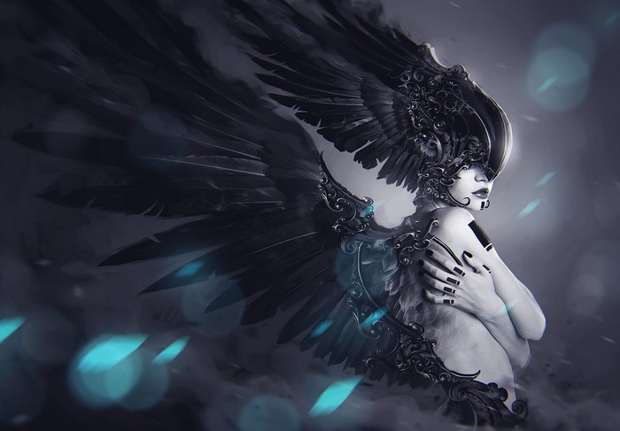 Fantasy art of a winged woman with ornate headdress
