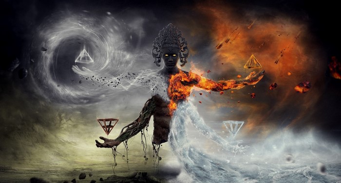 Fantasy art of a being embodying the four elements