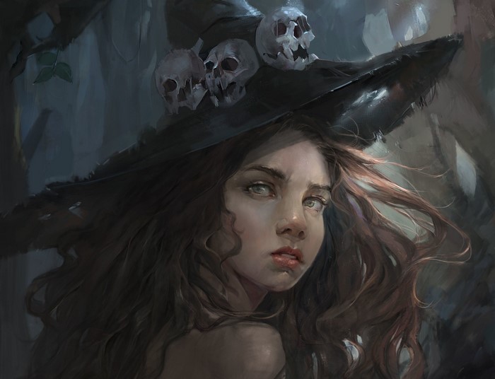 Mystical Witch with Skull-Adorned Hat in Dark Forest