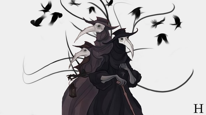 Three plague doctors with crows and branches