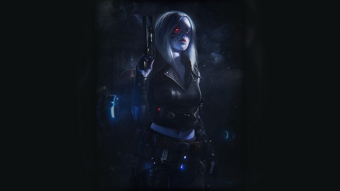 Cyberpunk woman with red eyes holding a gun