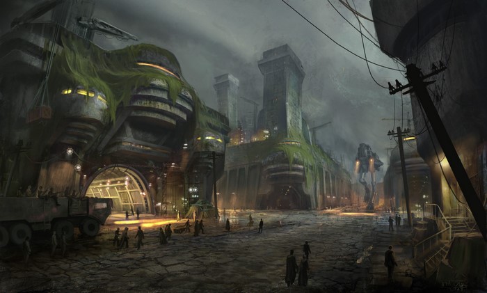 Post-apocalyptic city with overgrown buildings and a walking mech