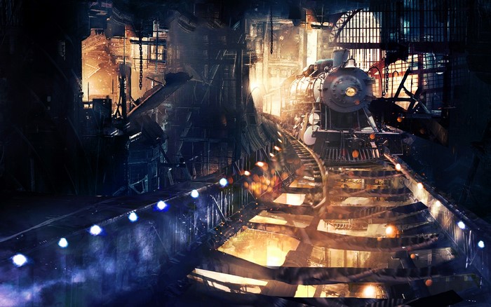 Steampunk train station with a steam locomotive