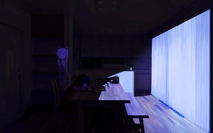Hatsune Miku and a girl at a table