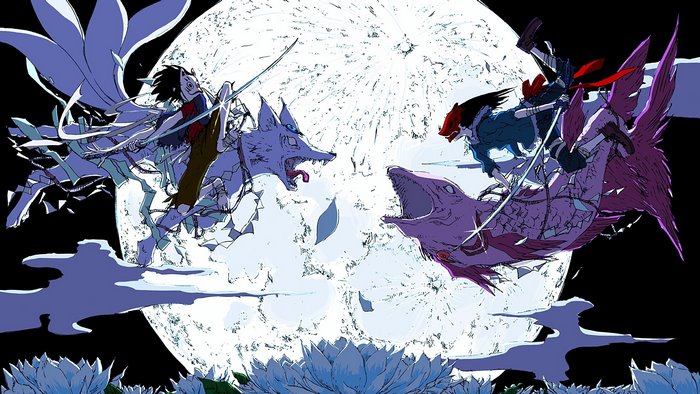Anime characters fighting on mythical creatures under the moon